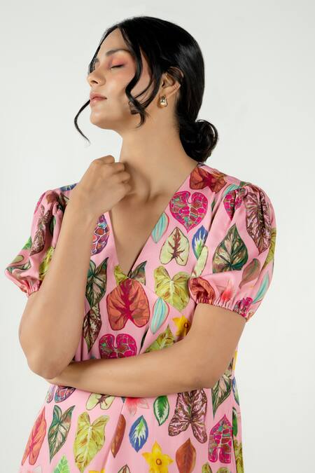 Shop Aroop Shop India Pink Modal, Satin V-neck Coral Lia Leaf Print Dress Online at Aza Fashions Shop_Aroop Shop India_Pink Modal, Satin V-neck Coral Lia Leaf Print Dress _Online_at_Aza_Fashions