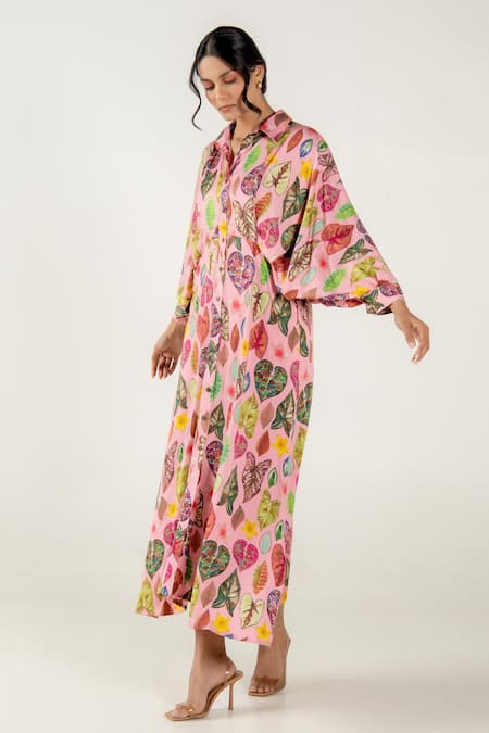Aroop Shop India_Pink Modal, Satin Collared Riva Leaf Print Dress _Online_at_Aza_Fashions