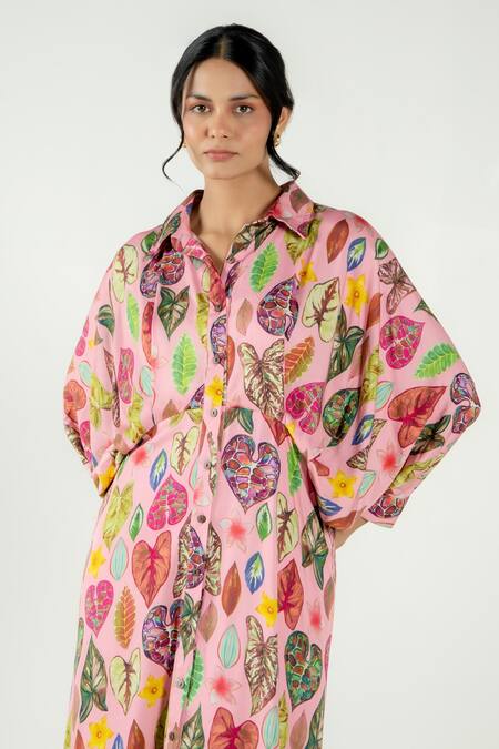 Buy_Aroop Shop India_Pink Modal, Satin Collared Riva Leaf Print Dress _Online_at_Aza_Fashions