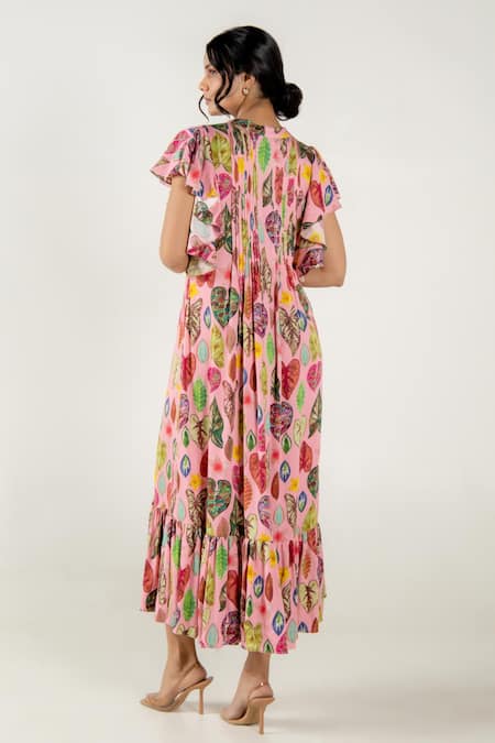 Shop Aroop Shop India Pink Modal, Satin Mandarin Collar Risa Leaf Print Dress at Aza Fashions Shop_Aroop Shop India_Pink Modal, Satin Mandarin Collar Risa Leaf Print Dress _at_Aza_Fashions