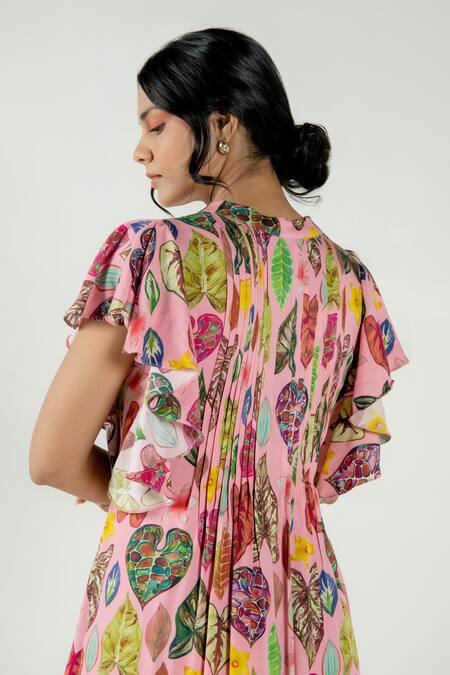Aroop Shop India Pink Modal, Satin Mandarin Collar Risa Leaf Print Dress Online at Aza Fashions Aroop Shop India_Pink Modal, Satin Mandarin Collar Risa Leaf Print Dress _Online_at_Aza_Fashions