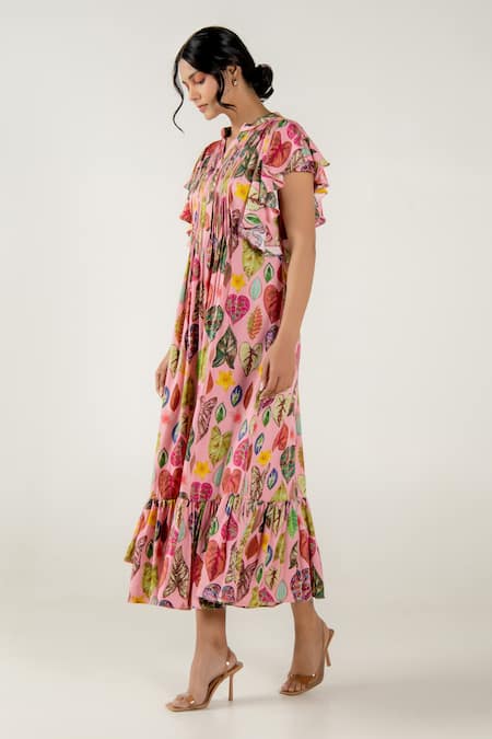 Buy Aroop Shop India Pink Modal, Satin Mandarin Collar Risa Leaf Print Dress Online at Aza Fashions Buy_Aroop Shop India_Pink Modal, Satin Mandarin Collar Risa Leaf Print Dress _Online_at_Aza_Fashions