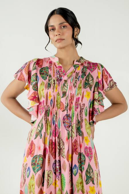 Shop Aroop Shop India Pink Modal, Satin Mandarin Collar Risa Leaf Print Dress Online at Aza Fashions Shop_Aroop Shop India_Pink Modal, Satin Mandarin Collar Risa Leaf Print Dress _Online_at_Aza_Fashions