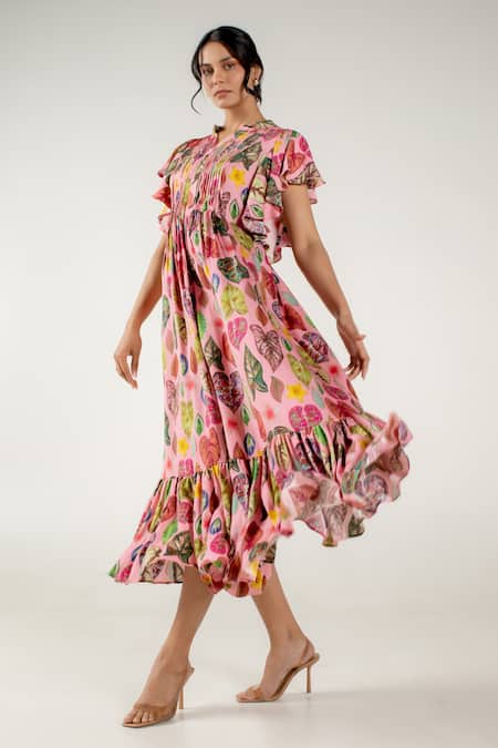 Aroop Shop India Pink Modal, Satin Mandarin Collar Risa Leaf Print Dress at Aza Fashions Aroop Shop India_Pink Modal, Satin Mandarin Collar Risa Leaf Print Dress _at_Aza_Fashions