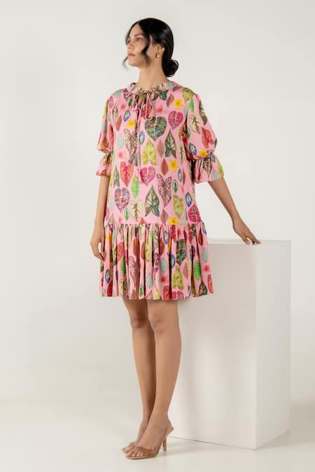 Aroop Shop India_Pink Modal, Satin Collared Marie Leaf Print Dress _Online_at_Aza_Fashions
