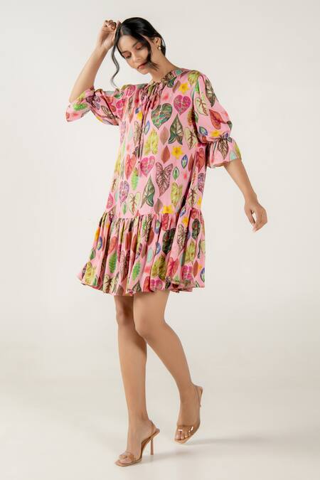 Buy_Aroop Shop India_Pink Modal, Satin Collared Marie Leaf Print Dress _Online_at_Aza_Fashions