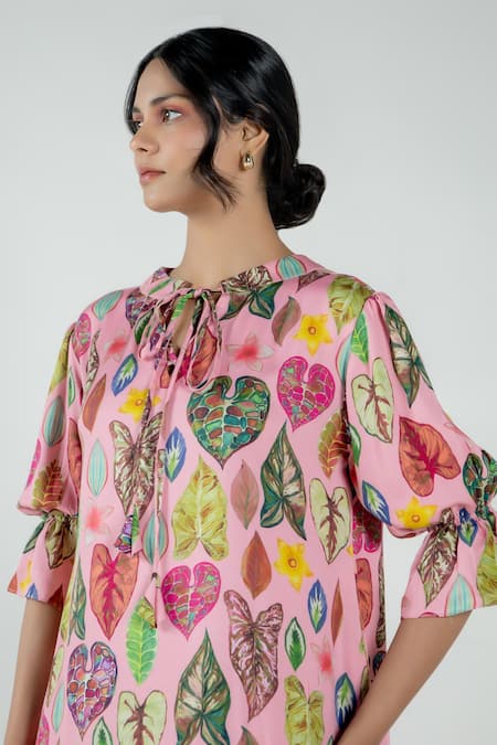 Shop_Aroop Shop India_Pink Modal, Satin Collared Marie Leaf Print Dress _Online_at_Aza_Fashions