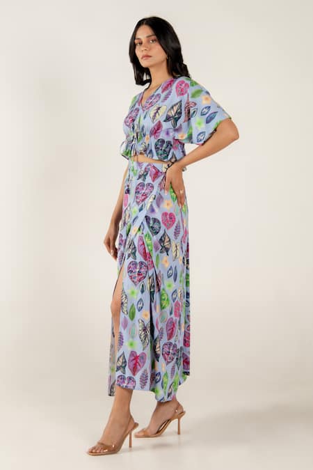 Aroop Shop India_Blue Modal, Satin V-neck Greta Print Top And Skirt Set _Online_at_Aza_Fashions