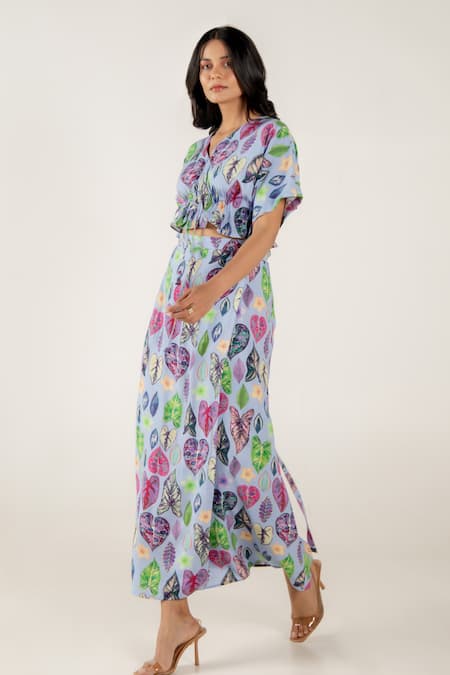 Buy_Aroop Shop India_Blue Modal, Satin V-neck Greta Print Top And Skirt Set _Online_at_Aza_Fashions