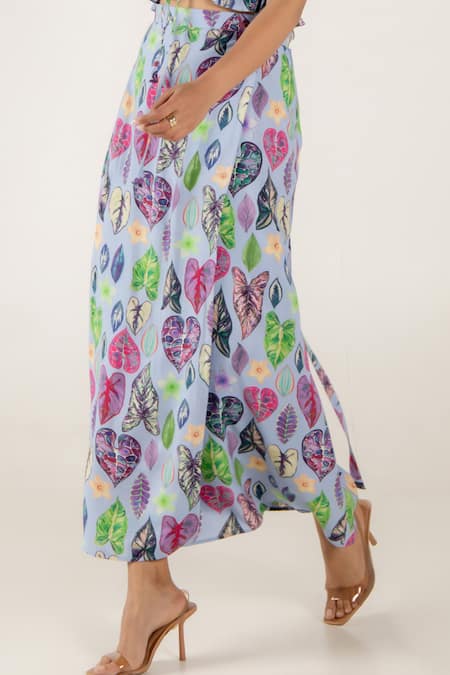 Shop_Aroop Shop India_Blue Modal, Satin V-neck Greta Print Top And Skirt Set _Online_at_Aza_Fashions