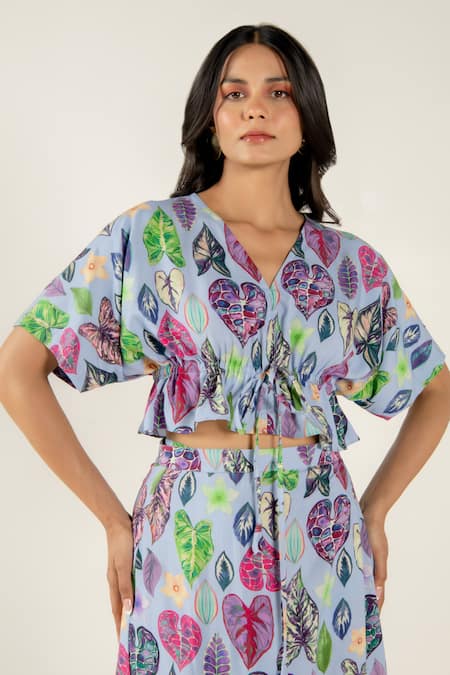Aroop Shop India_Blue Modal, Satin V-neck Greta Print Top And Skirt Set _at_Aza_Fashions