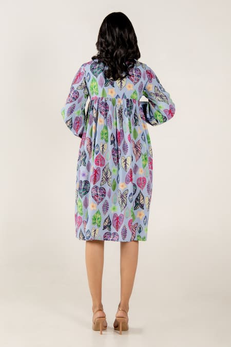 Shop Aroop Shop India Blue Modal, Satin Collared Bleu Greta Print Shirt Dress at Aza Fashions Shop_Aroop Shop India_Blue Modal, Satin Collared Bleu Greta Print Shirt Dress _at_Aza_Fashions