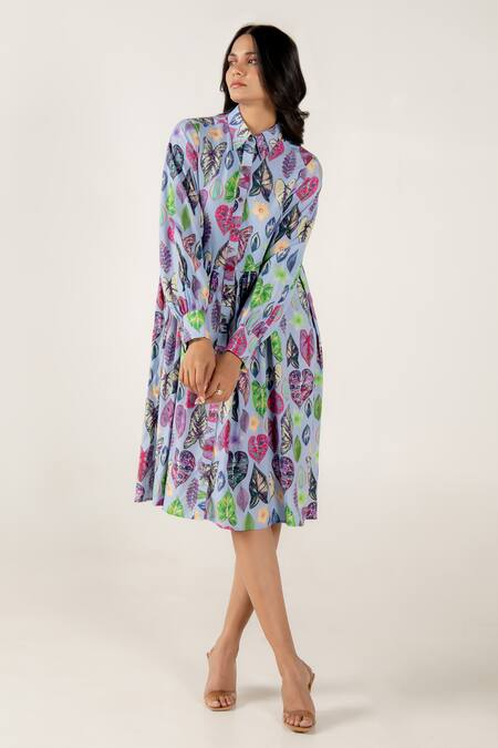Aroop Shop India Blue Modal, Satin Collared Bleu Greta Print Shirt Dress Online at Aza Fashions Aroop Shop India_Blue Modal, Satin Collared Bleu Greta Print Shirt Dress _Online_at_Aza_Fashions