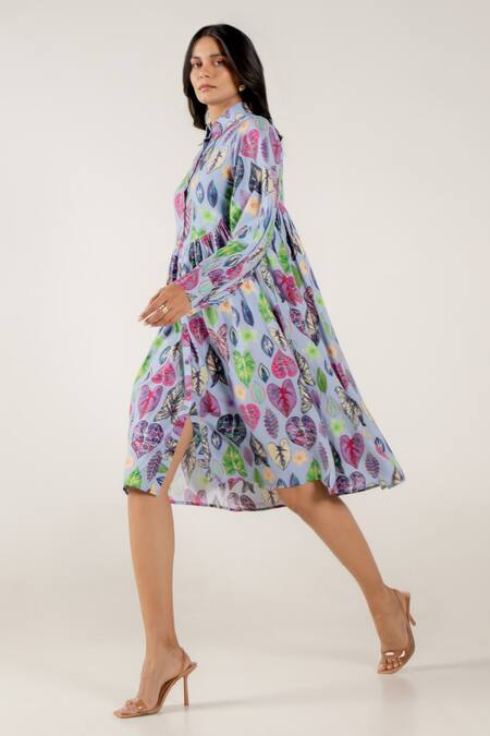 Buy Aroop Shop India Blue Modal, Satin Collared Bleu Greta Print Shirt Dress Online at Aza Fashions Buy_Aroop Shop India_Blue Modal, Satin Collared Bleu Greta Print Shirt Dress _Online_at_Aza_Fashions