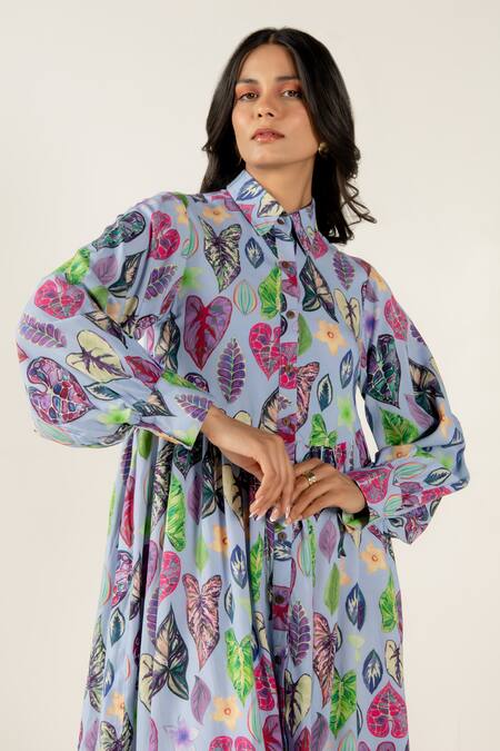 Shop Aroop Shop India Blue Modal, Satin Collared Bleu Greta Print Shirt Dress Online at Aza Fashions Shop_Aroop Shop India_Blue Modal, Satin Collared Bleu Greta Print Shirt Dress _Online_at_Aza_Fashions