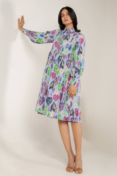 Aroop Shop India Blue Modal, Satin Collared Bleu Greta Print Shirt Dress at Aza Fashions Aroop Shop India_Blue Modal, Satin Collared Bleu Greta Print Shirt Dress _at_Aza_Fashions
