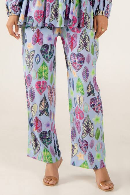 Aroop Shop India_Blue Modal, Satin Collared Azura Greta Print Peplum Top And Pant Set _Online_at_Aza_Fashions