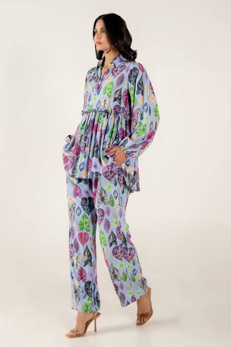 Buy_Aroop Shop India_Blue Modal, Satin Collared Azura Greta Print Peplum Top And Pant Set _Online_at_Aza_Fashions