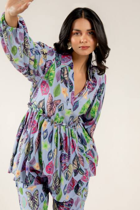 Shop_Aroop Shop India_Blue Modal, Satin Collared Azura Greta Print Peplum Top And Pant Set _Online_at_Aza_Fashions