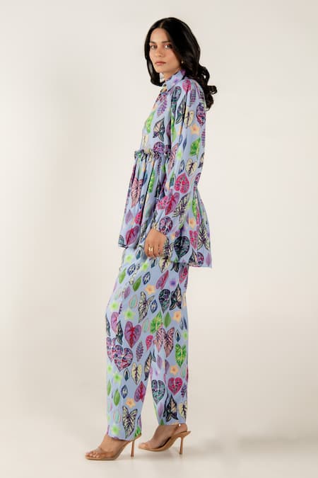 Aroop Shop India_Blue Modal, Satin Collared Azura Greta Print Peplum Top And Pant Set _at_Aza_Fashions
