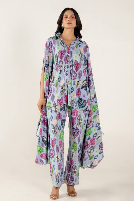 Aroop Shop India_Blue Modal, Satin Collared Indya Greta Print Shirt And Pant Set _Online_at_Aza_Fashions