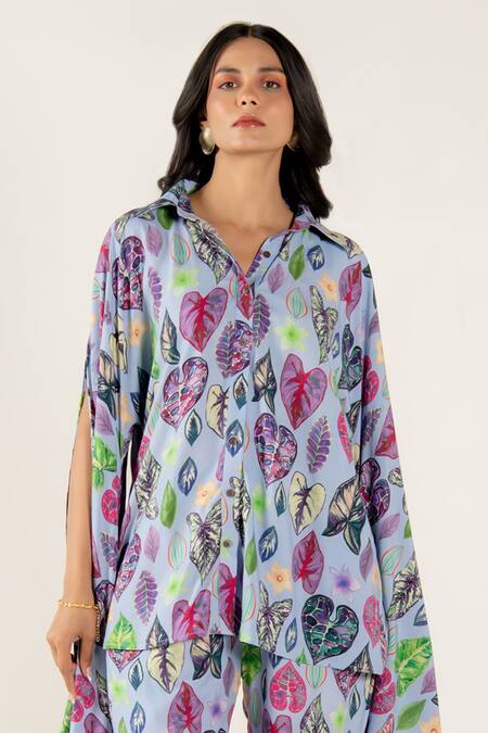 Shop_Aroop Shop India_Blue Modal, Satin Collared Indya Greta Print Shirt And Pant Set _Online_at_Aza_Fashions