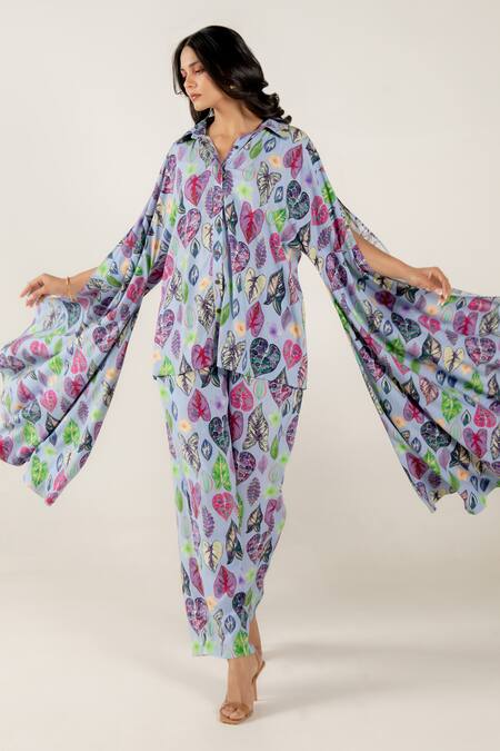 Aroop Shop India_Blue Modal, Satin Collared Indya Greta Print Shirt And Pant Set _at_Aza_Fashions
