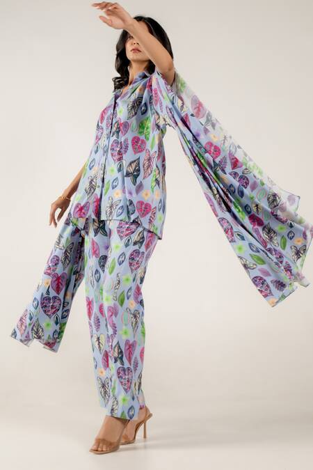 Buy_Aroop Shop India_Blue Modal, Satin Collared Indya Greta Print Shirt And Pant Set 