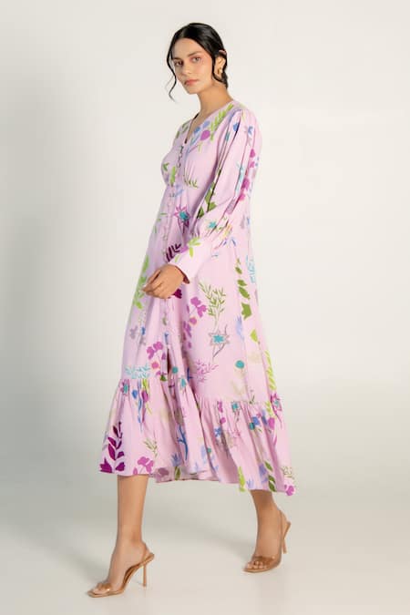 Aroop Shop India_Purple Modal, Satin V-neck Avisa Floral Print Dress _Online_at_Aza_Fashions