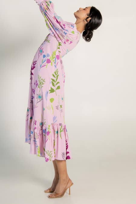 Buy_Aroop Shop India_Purple Modal, Satin V-neck Avisa Floral Print Dress _Online_at_Aza_Fashions