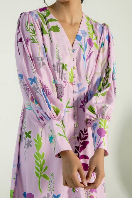 Shop_Aroop Shop India_Purple Modal, Satin V-neck Avisa Floral Print Dress _Online_at_Aza_Fashions