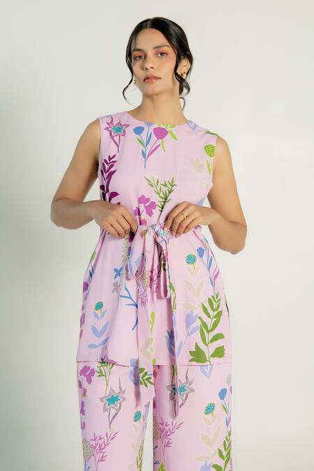 Shop Aroop Shop India Purple Modal, Satin Embroidery Round Neck Akari Printed Kurta And Flared Pant Set Online at Aza Fashions Shop_Aroop Shop India_Purple Modal, Satin Embroidery Round Neck Akari Printed Kurta And Flared Pant Set _Online_at_Aza_Fashions