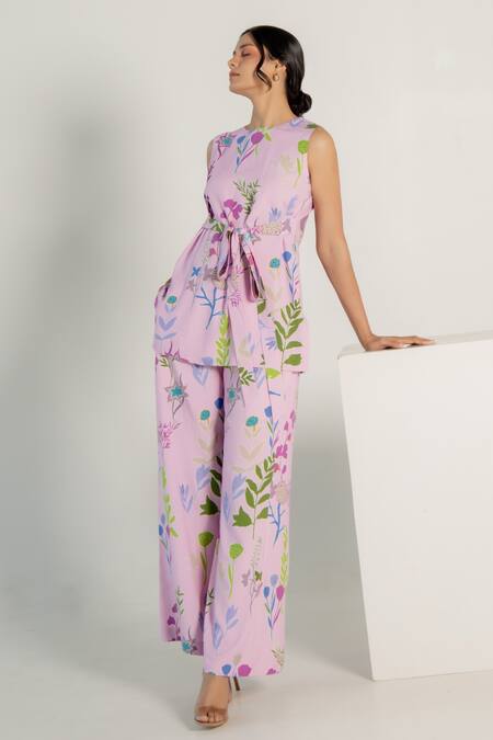 Aroop Shop India Purple Modal, Satin Embroidery Round Neck Akari Printed Kurta And Flared Pant Set at Aza Fashions Aroop Shop India_Purple Modal, Satin Embroidery Round Neck Akari Printed Kurta And Flared Pant Set _at_Aza_Fashions