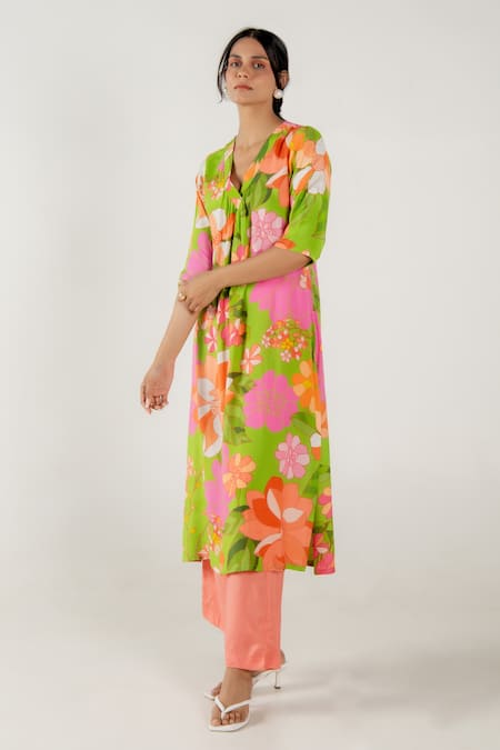 Buy_Aroop Shop India_Multi Color Cotton, Silk Embroidery V-neck Nysa Printed Kurta And Pant Set _Online_at_Aza_Fashions