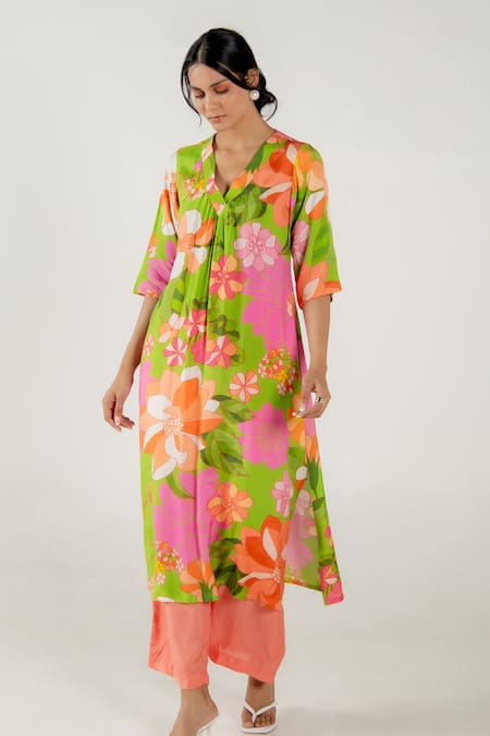 Shop_Aroop Shop India_Multi Color Cotton, Silk Embroidery V-neck Nysa Printed Kurta And Pant Set _Online_at_Aza_Fashions