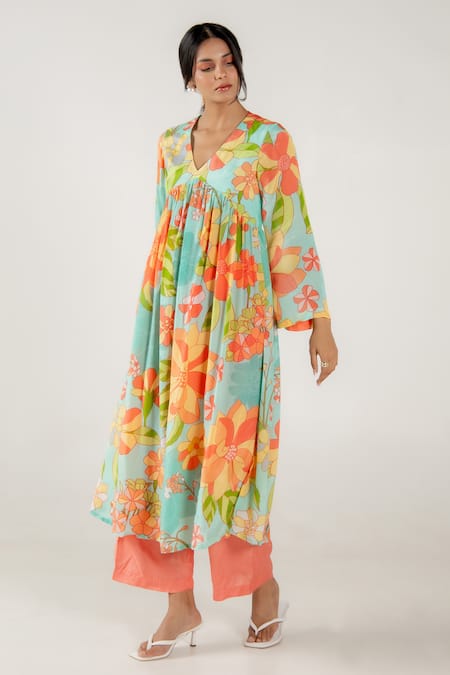 Aroop Shop India_Blue Cotton, Silk V-neck Abby Chicory Print Anarkali And Flared Pant Set _Online_at_Aza_Fashions