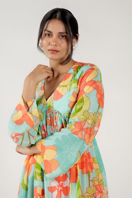 Buy_Aroop Shop India_Blue Cotton, Silk V-neck Abby Chicory Print Anarkali And Flared Pant Set _Online_at_Aza_Fashions