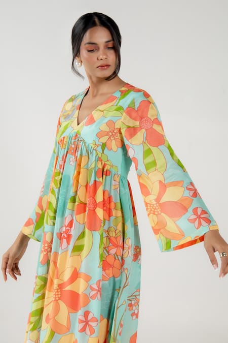 Shop_Aroop Shop India_Blue Cotton, Silk V-neck Abby Chicory Print Anarkali And Flared Pant Set _Online_at_Aza_Fashions