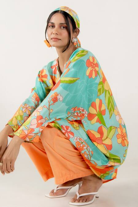 Shop Aroop Shop India Blue Cotton, Silk Split V-neck Canna Chicory Print Short Kurta And Pant Set Online at Aza Fashions Shop_Aroop Shop India_Blue Cotton, Silk Split V-neck Canna Chicory Print Short Kurta And Pant Set _Online_at_Aza_Fashions