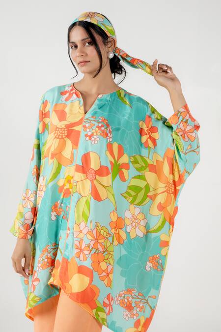 Aroop Shop India Blue Cotton, Silk Split V-neck Canna Chicory Print Short Kurta And Pant Set at Aza Fashions Aroop Shop India_Blue Cotton, Silk Split V-neck Canna Chicory Print Short Kurta And Pant Set _at_Aza_Fashions