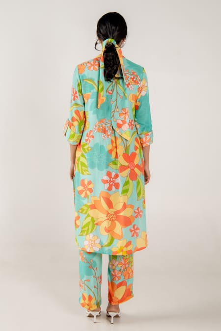 Shop Aroop Shop India Blue Cotton, Silk Bandeau Neck Romy Chicory Print Kurta And Pant Set at Aza Fashions Shop_Aroop Shop India_Blue Cotton, Silk Bandeau Neck Romy Chicory Print Kurta And Pant Set _at_Aza_Fashions