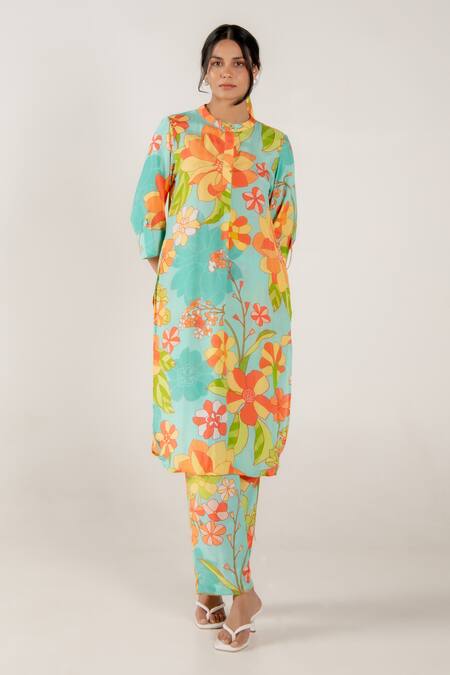 Aroop Shop India Blue Cotton, Silk Bandeau Neck Romy Chicory Print Kurta And Pant Set Online at Aza Fashions Aroop Shop India_Blue Cotton, Silk Bandeau Neck Romy Chicory Print Kurta And Pant Set _Online_at_Aza_Fashions