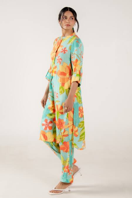 Buy Aroop Shop India Blue Cotton, Silk Bandeau Neck Romy Chicory Print Kurta And Pant Set Online at Aza Fashions Buy_Aroop Shop India_Blue Cotton, Silk Bandeau Neck Romy Chicory Print Kurta And Pant Set _Online_at_Aza_Fashions