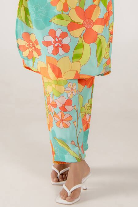 Shop Aroop Shop India Blue Cotton, Silk Bandeau Neck Romy Chicory Print Kurta And Pant Set Online at Aza Fashions Shop_Aroop Shop India_Blue Cotton, Silk Bandeau Neck Romy Chicory Print Kurta And Pant Set _Online_at_Aza_Fashions