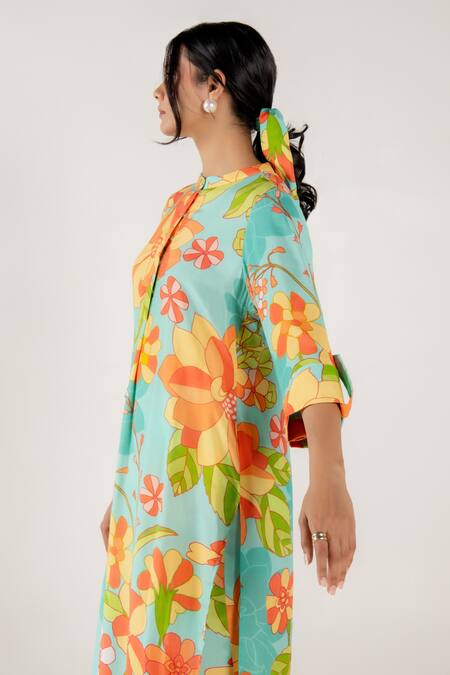 Aroop Shop India Blue Cotton, Silk Bandeau Neck Romy Chicory Print Kurta And Pant Set at Aza Fashions Aroop Shop India_Blue Cotton, Silk Bandeau Neck Romy Chicory Print Kurta And Pant Set _at_Aza_Fashions