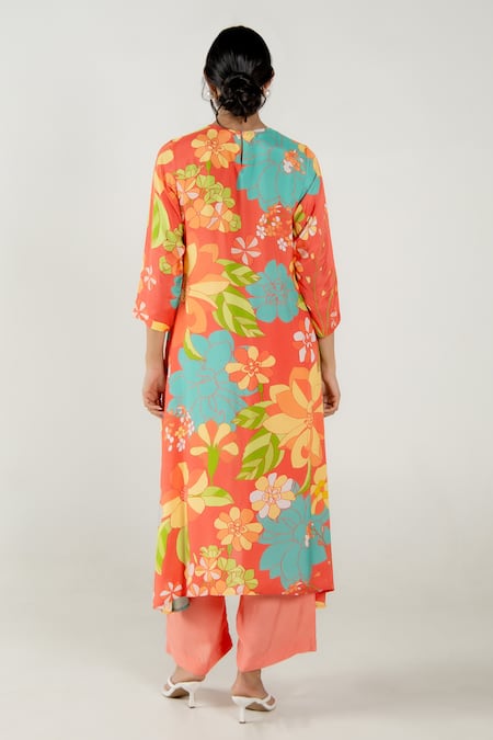 Shop Aroop Shop India Red Cotton, Silk Round Neck Holly Prickly Print Flared Kurta And Pant Set at Aza Fashions Shop_Aroop Shop India_Red Cotton, Silk Round Neck Holly Prickly Print Flared Kurta And Pant Set _at_Aza_Fashions