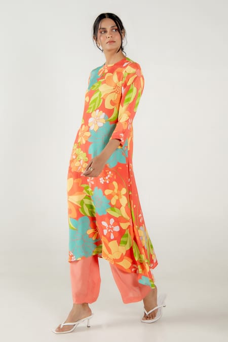 Aroop Shop India Red Cotton, Silk Round Neck Holly Prickly Print Flared Kurta And Pant Set Online at Aza Fashions Aroop Shop India_Red Cotton, Silk Round Neck Holly Prickly Print Flared Kurta And Pant Set _Online_at_Aza_Fashions