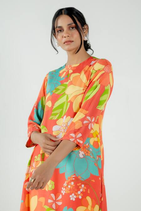 Shop Aroop Shop India Red Cotton, Silk Round Neck Holly Prickly Print Flared Kurta And Pant Set Online at Aza Fashions Shop_Aroop Shop India_Red Cotton, Silk Round Neck Holly Prickly Print Flared Kurta And Pant Set _Online_at_Aza_Fashions