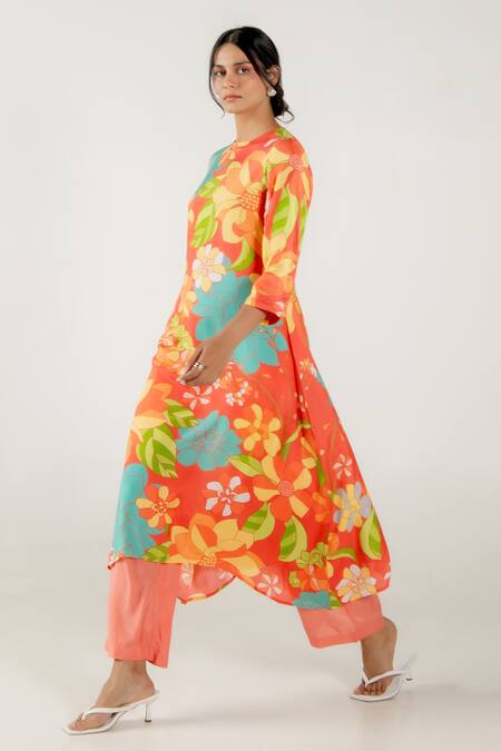 Aroop Shop India Red Cotton, Silk Round Neck Holly Prickly Print Flared Kurta And Pant Set at Aza Fashions Aroop Shop India_Red Cotton, Silk Round Neck Holly Prickly Print Flared Kurta And Pant Set _at_Aza_Fashions