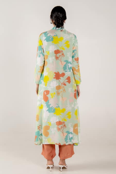 Shop Aroop Shop India Green Cotton, Silk V-neck Leena Holly Floral Print Kurta at Aza Fashions Shop_Aroop Shop India_Green Cotton, Silk V-neck Leena Holly Floral Print Kurta _at_Aza_Fashions